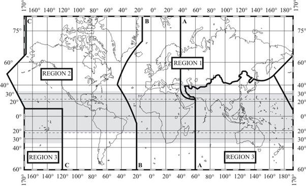 A map showing the world divided into three regions according to the allocation of frequencies. The African territory is found in Regions 1 and 3. 